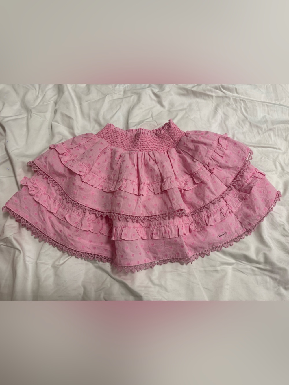 Love Shack Fancy American Girl Pink Ruffled Tiered Mini Skirt